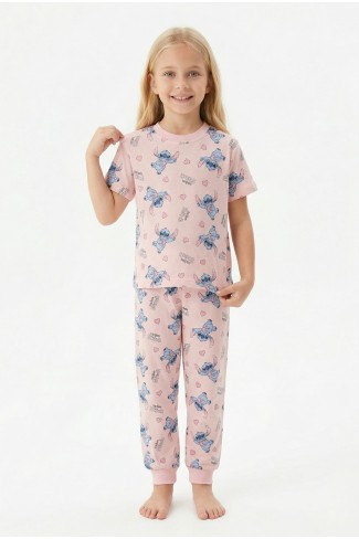 Kız Çocuk Figürlü ve Kalp Desenli %100 Pamuk Penye Süprem Kumaş Kısa Kollu Pijama Takımı