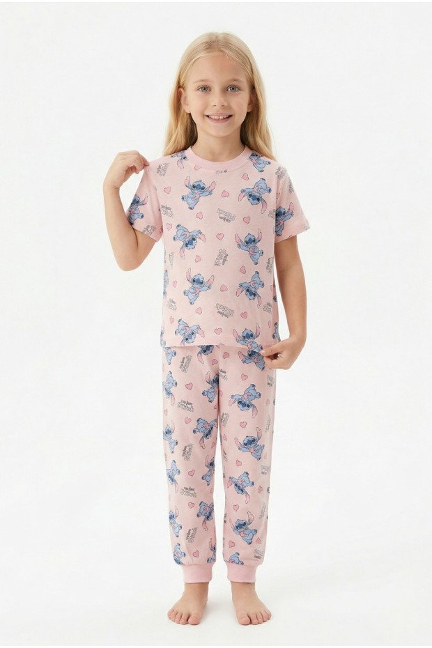 Kız Çocuk Figürlü ve Kalp Desenli %100 Pamuk Penye Süprem Kumaş Kısa Kollu Pijama Takımı