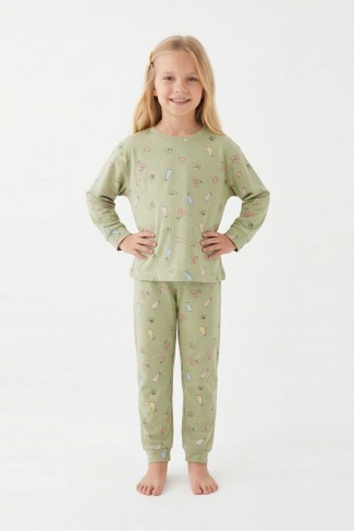 Kız Çocuk Kiraz ve Meyve Desenli %100 Pamuk Reaktif Boyama İnterlok Kumaş Uzun Kollu Pijama Takımı