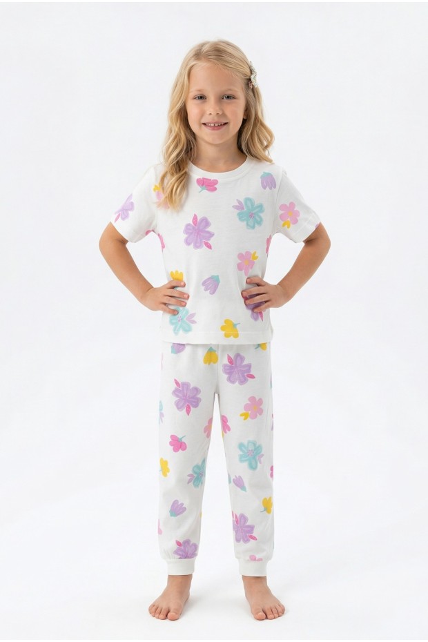 Kız Çocuk Çiçek Desenli %100 Pamuk Reaktif Boyalı Süprem Kumaş Kısa Kollu Pijama Takımı