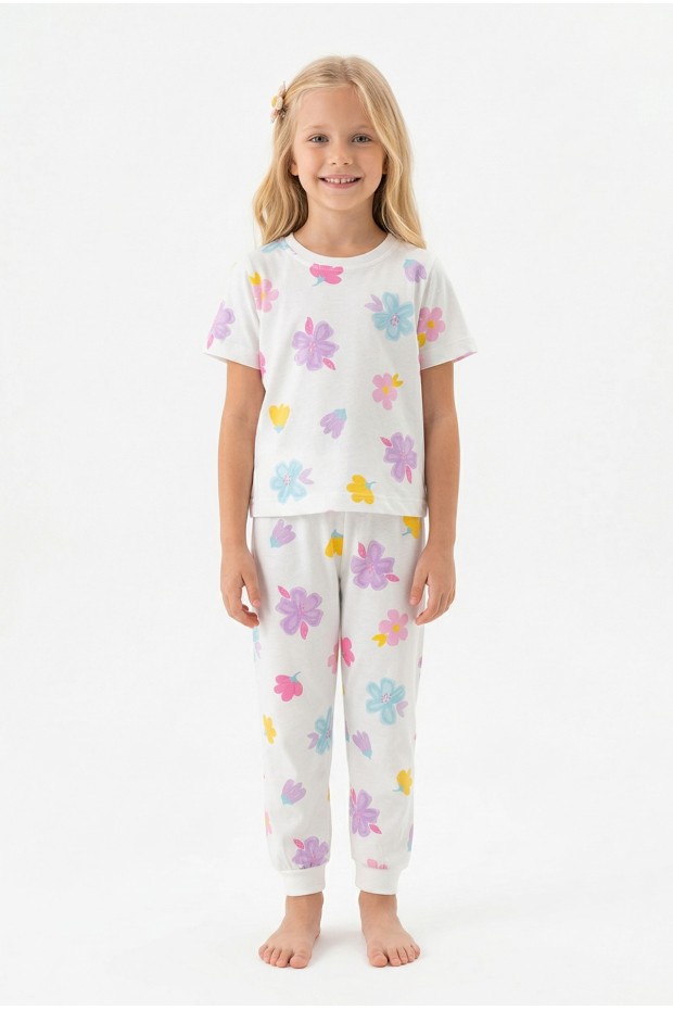 Kız Çocuk Çiçek Desenli %100 Pamuk Reaktif Boyalı Süprem Kumaş Kısa Kollu Pijama Takımı