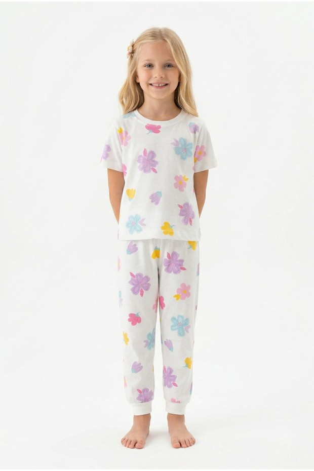 Kız Çocuk Çiçek Desenli %100 Pamuk Reaktif Boyalı Süprem Kumaş Kısa Kollu Pijama Takımı