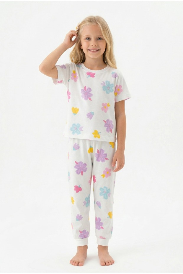 Kız Çocuk Çiçek Desenli %100 Pamuk Reaktif Boyalı Süprem Kumaş Kısa Kollu Pijama Takımı
