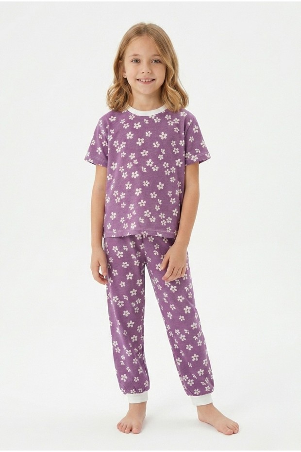 Kız Çocuk Çiçek Desenli %100 Pamuk Süprem Penye Kumaş Kısa Kollu Pijama Takımı