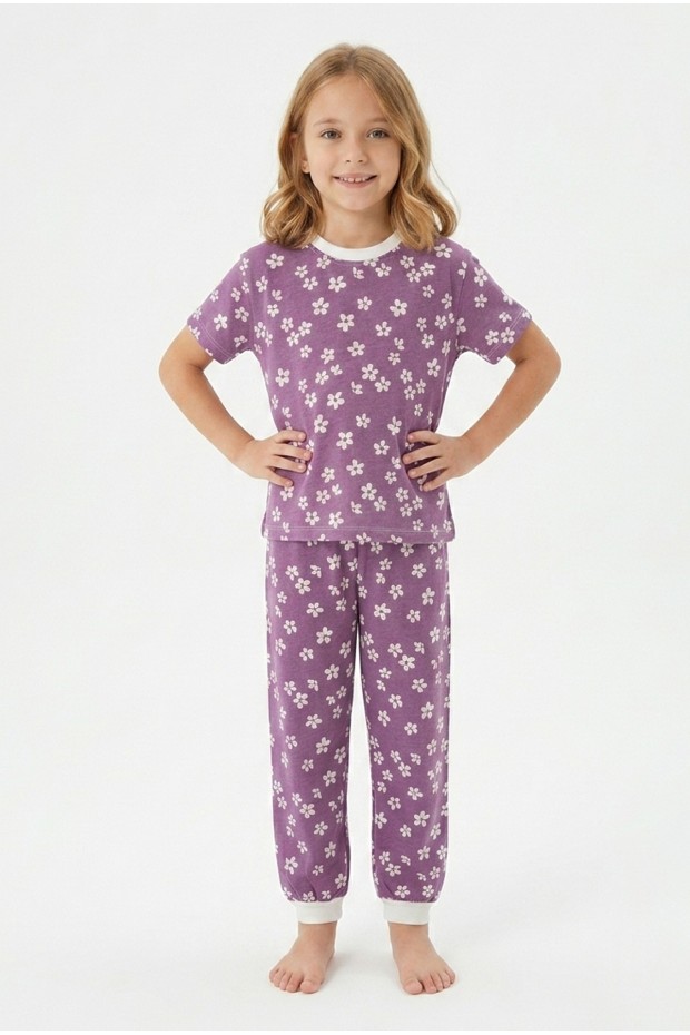 Kız Çocuk Çiçek Desenli %100 Pamuk Süprem Penye Kumaş Kısa Kollu Pijama Takımı