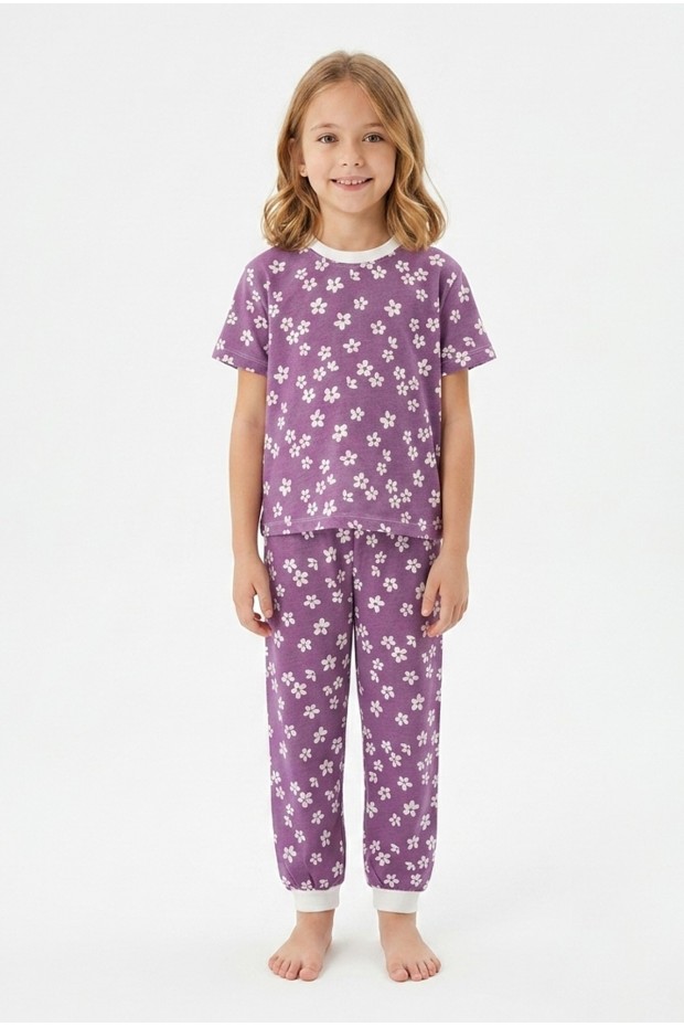 Kız Çocuk Çiçek Desenli %100 Pamuk Süprem Penye Kumaş Kısa Kollu Pijama Takımı