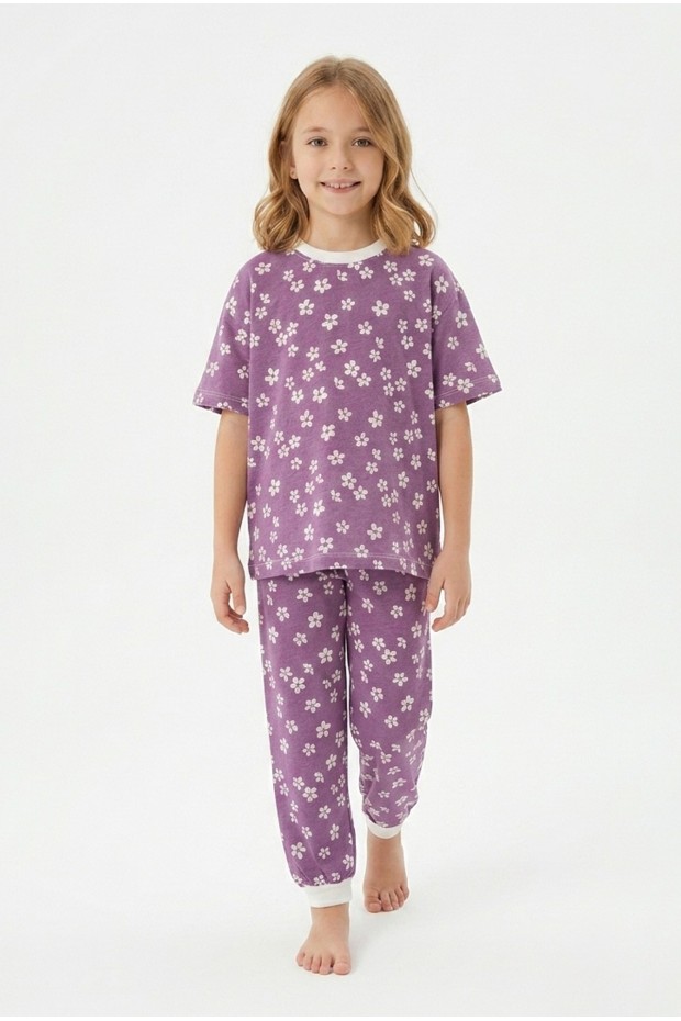 Kız Çocuk Çiçek Desenli %100 Pamuk Süprem Penye Kumaş Kısa Kollu Pijama Takımı