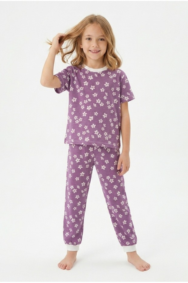 Kız Çocuk Çiçek Desenli %100 Pamuk Süprem Penye Kumaş Kısa Kollu Pijama Takımı