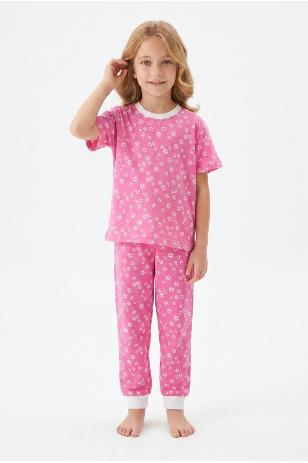 Kız Çocuk Çiçek Desenli %100 Pamuk Reaktif Boyama Süprem Kumaş Kısa Kollu Pijama Takımı 
