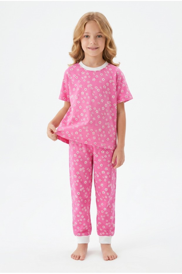 Kız Çocuk Çiçek Desenli %100 Pamuk Reaktif Boyama Süprem Kumaş Kısa Kollu Pijama Takımı 