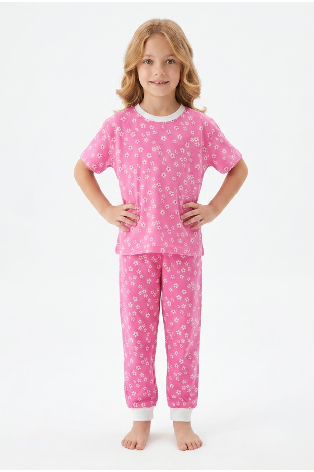 Kız Çocuk Çiçek Desenli %100 Pamuk Reaktif Boyama Süprem Kumaş Kısa Kollu Pijama Takımı 