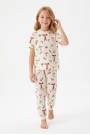 Kız Çocuk Fiyonk ve Kokina Çiçek Desenli %100 Pamuk Süprem Penye Kumaş Kısa Kollu  Pijama Takımı