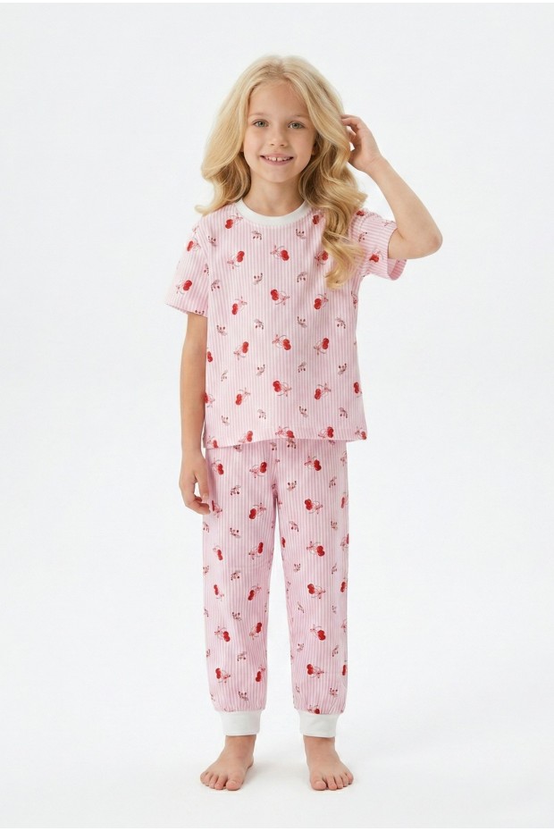 Kız Çocuk Kiraz Desenli Çizgili %100 Pamuk Penye Süprem Kumaş Kısa Kollu Pijama Takımı