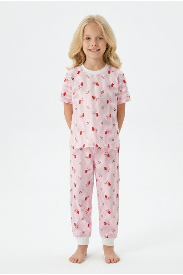 Kız Çocuk Kiraz Desenli Çizgili %100 Pamuk Penye Süprem Kumaş Kısa Kollu Pijama Takımı