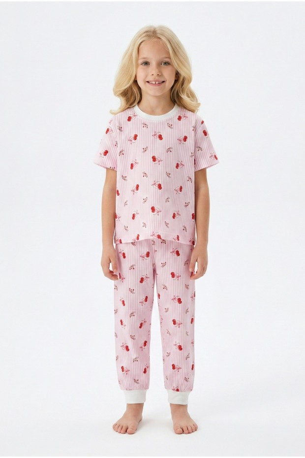 Kız Çocuk Kiraz Desenli Çizgili %100 Pamuk Penye Süprem Kumaş Kısa Kollu Pijama Takımı