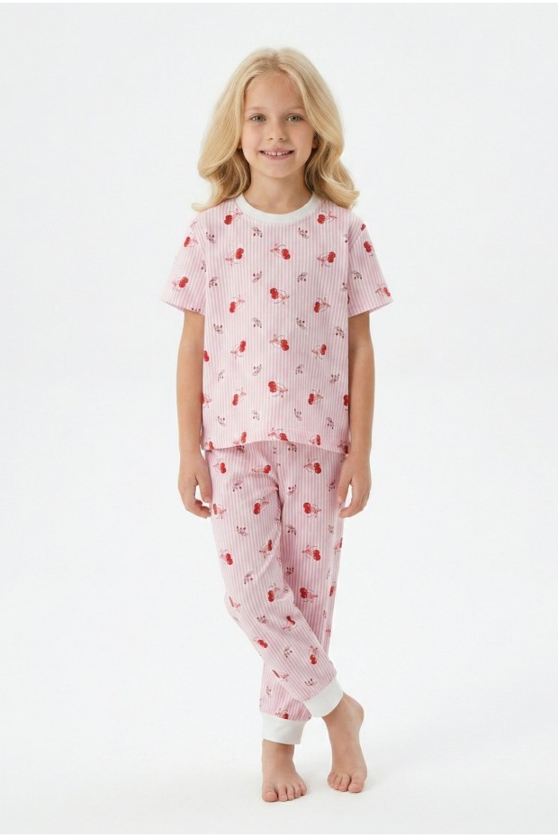 Kız Çocuk Kiraz Desenli Çizgili %100 Pamuk Penye Süprem Kumaş Kısa Kollu Pijama Takımı