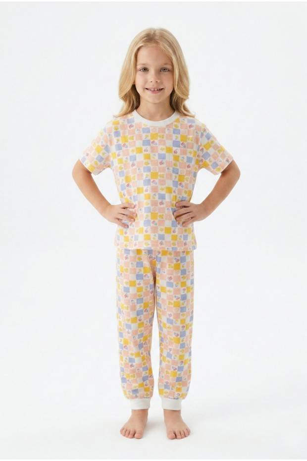 Kız Çocuk ÇiçekliDesenli Kareli %100 Pamuk Reaktif Boyalı Süprem Kumaş Kısa Kollu Pijama Takımı