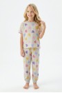 Kız Çocuk Renkli Kalp Desenli %100 Pamuk Penye Süprem Kumaş Kısa Kollu Pijama Takımı