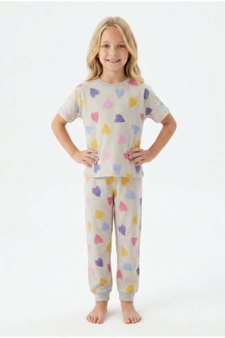 Kız Çocuk Renkli Kalp Desenli %100 Pamuk Penye Süprem Kumaş Kısa Kollu Pijama Takımı