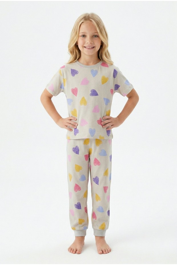 Kız Çocuk Renkli Kalp Desenli %100 Pamuk Penye Süprem Kumaş Kısa Kollu Pijama Takımı