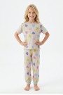 Kız Çocuk Renkli Kalp Desenli %100 Pamuk Penye Süprem Kumaş Kısa Kollu Pijama Takımı