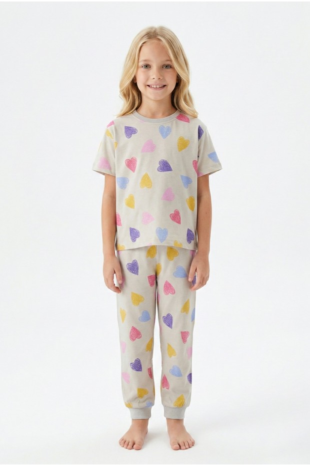 Kız Çocuk Renkli Kalp Desenli %100 Pamuk Penye Süprem Kumaş Kısa Kollu Pijama Takımı