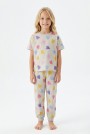 Kız Çocuk Renkli Kalp Desenli %100 Pamuk Penye Süprem Kumaş Kısa Kollu Pijama Takımı
