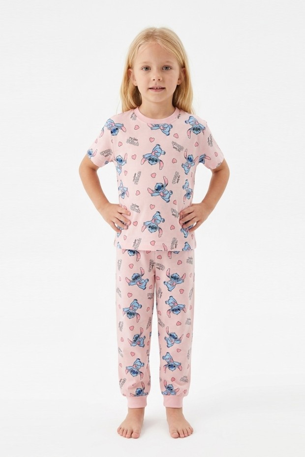 Kız Çocuk Figürlü ve Kalp Desenli %100 Pamuk Reaktif Boyalı Süprem Kumaş Kısa Kollu Pijama Takımı