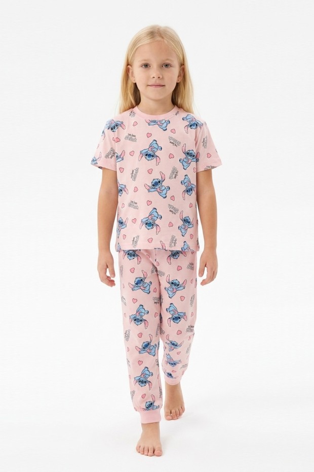 Kız Çocuk Figürlü ve Kalp Desenli %100 Pamuk Reaktif Boyalı Süprem Kumaş Kısa Kollu Pijama Takımı