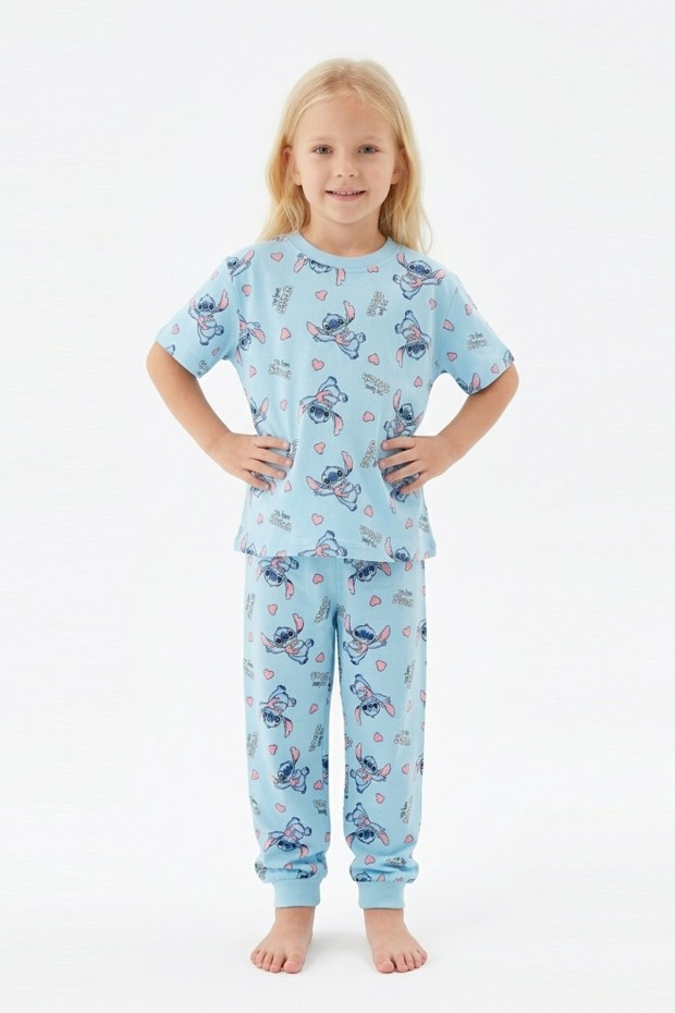 Kız Çocuk Figürlü ve Kalp Desenli %100 Pamuk Reaktif Boyalı Süprem Kumaş Kısa Kollu Pijama Takımı