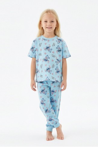 Kız Çocuk Figürlü ve Kalp Desenli %100 Pamuk Reaktif Boyalı Süprem Kumaş Kısa Kollu Pijama Takımı