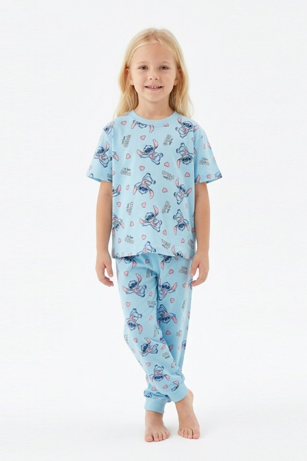 Kız Çocuk Figürlü ve Kalp Desenli %100 Pamuk Reaktif Boyalı Süprem Kumaş Kısa Kollu Pijama Takımı