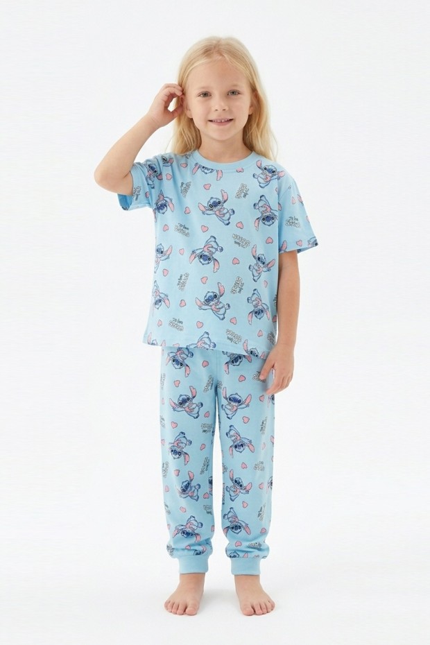 Kız Çocuk Figürlü ve Kalp Desenli %100 Pamuk Reaktif Boyalı Süprem Kumaş Kısa Kollu Pijama Takımı