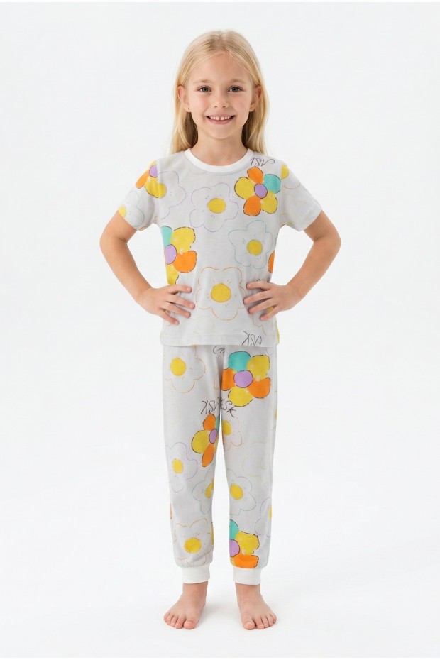 Kız Çocuk Renkli Papatya Çiçek Desenli %100 Pamuk Süprem Kumaş Kısa Kollu Pijama Takımı