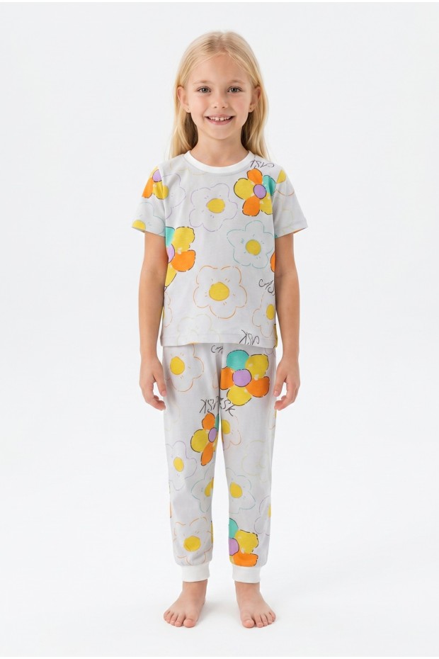 Kız Çocuk Renkli Papatya Çiçek Desenli %100 Pamuk Süprem Kumaş Kısa Kollu Pijama Takımı