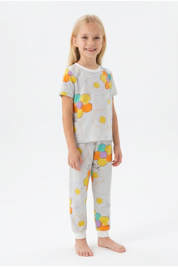 Kız Çocuk Renkli Papatya Çiçek Desenli %100 Pamuk Süprem Kumaş Kısa Kollu Pijama Takımı