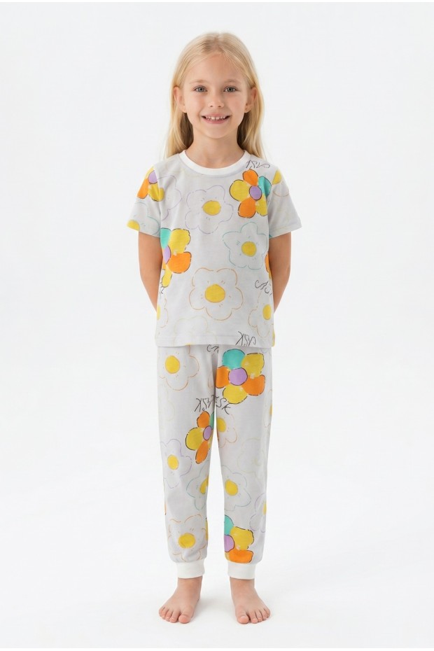 Kız Çocuk Renkli Papatya Çiçek Desenli %100 Pamuk Süprem Kumaş Kısa Kollu Pijama Takımı