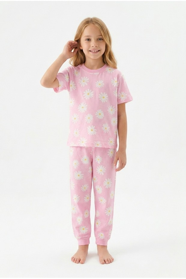 Kız Çocuk Papatya Desenli %100 Pamuk Süprem Penye Kumaş Kısa Kollu Pijama Takımı 