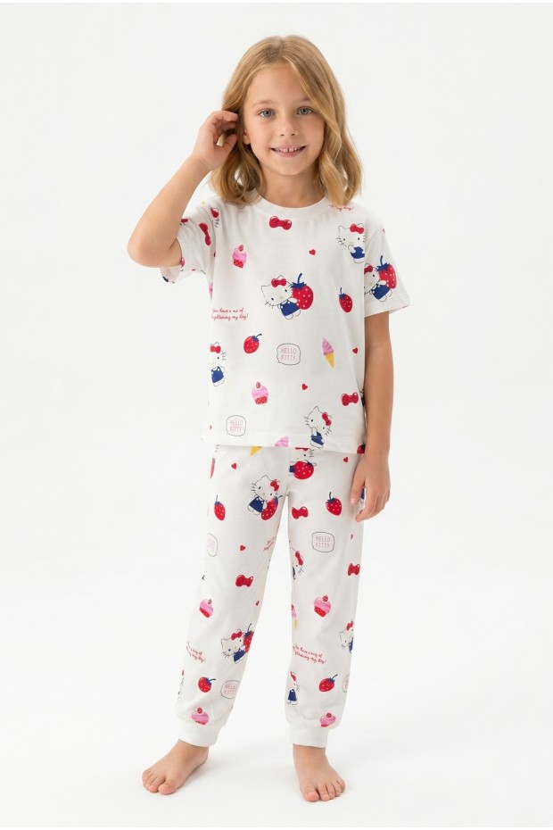 Kız Çocuk Çilek ve Dondurma Desenli %100 Pamuk Reaktif Boyama Süprem Kumaş Kısa Kollu Pijama Takımı