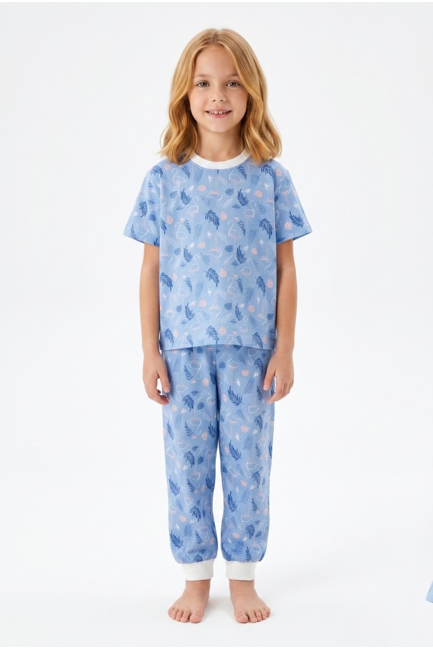 Kız Çocuk Flamingo ve Yaprak Desenli %100 Pamuk Süprem Penye Kumaş Kısa Kollu Pijama Takımı