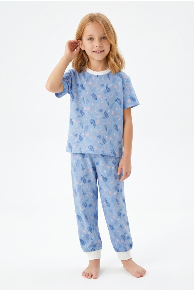 Kız Çocuk Flamingo ve Yaprak Desenli %100 Pamuk Süprem Penye Kumaş Kısa Kollu Pijama Takımı