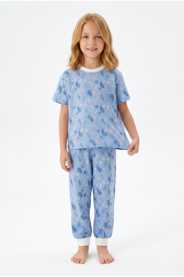 Kız Çocuk Flamingo ve Yaprak Desenli %100 Pamuk Süprem Penye Kumaş Kısa Kollu Pijama Takımı