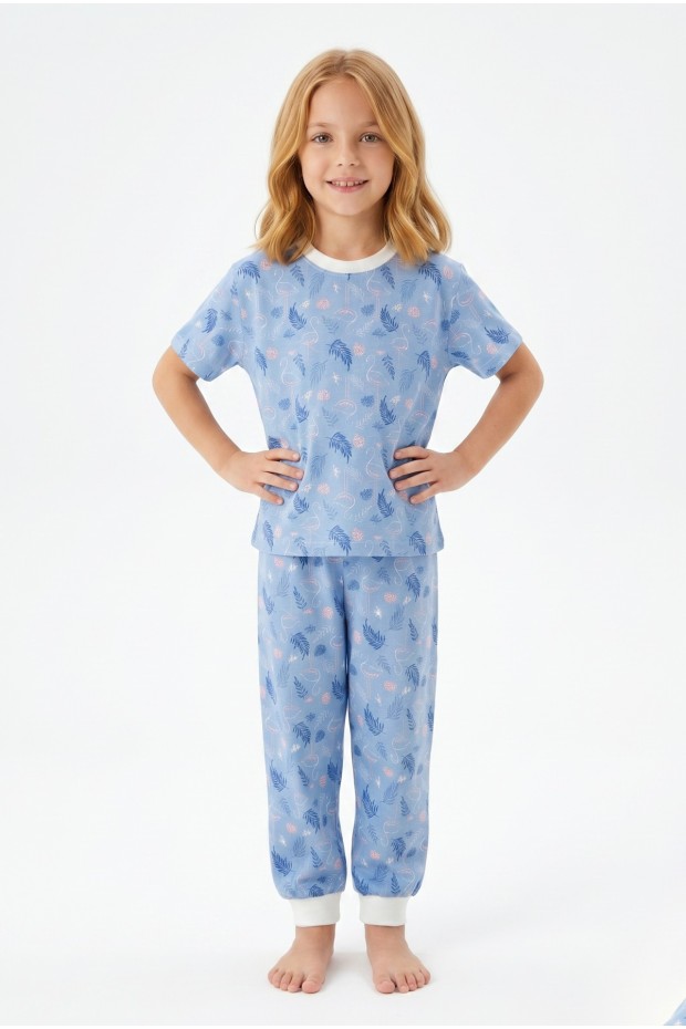 Kız Çocuk Flamingo ve Yaprak Desenli %100 Pamuk Süprem Penye Kumaş Kısa Kollu Pijama Takımı