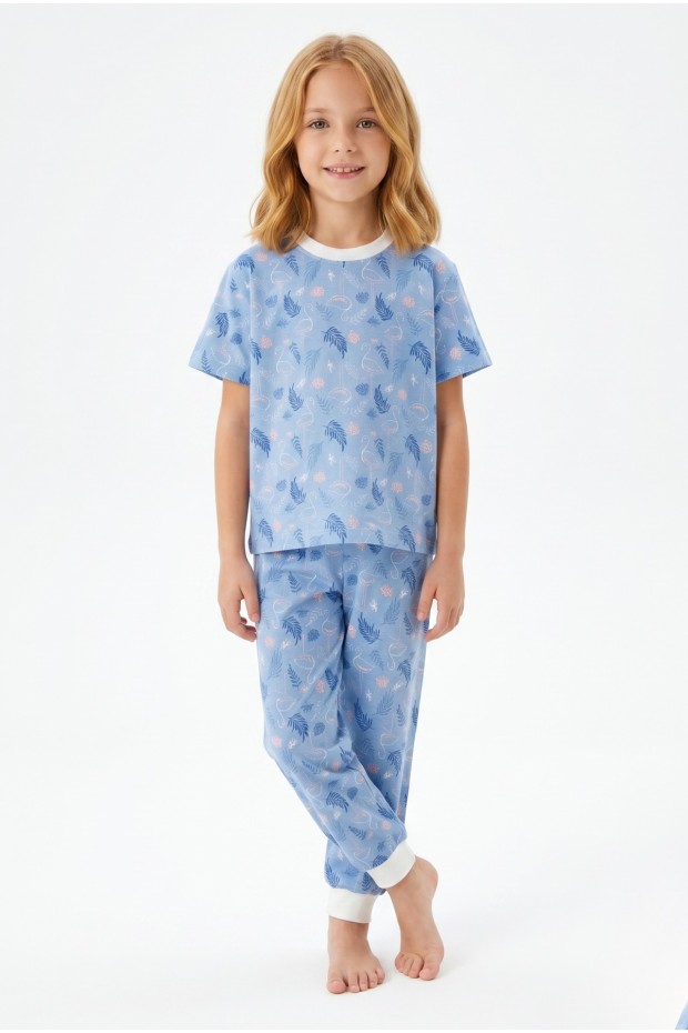 Kız Çocuk Flamingo ve Yaprak Desenli %100 Pamuk Süprem Penye Kumaş Kısa Kollu Pijama Takımı