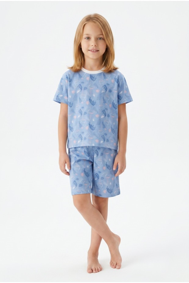 Kız Çocuk Flamingo ve Yaprak Desenli %100 Pamuk Reaktif Boyama Süprem Kumaş Kısa Kollu Şortlu Pijama Takımı 
