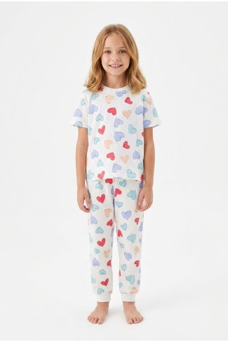 Kız Çocuk Kalp Desenli %100 Pamuk Süprem Penye Kumaş Kısa Kollu Pijama Takımı