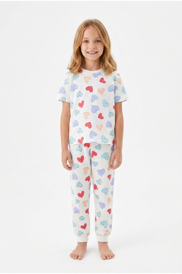 Kız Çocuk Kalp Desenli %100 Pamuk Süprem Penye Kumaş Kısa Kollu Pijama Takımı