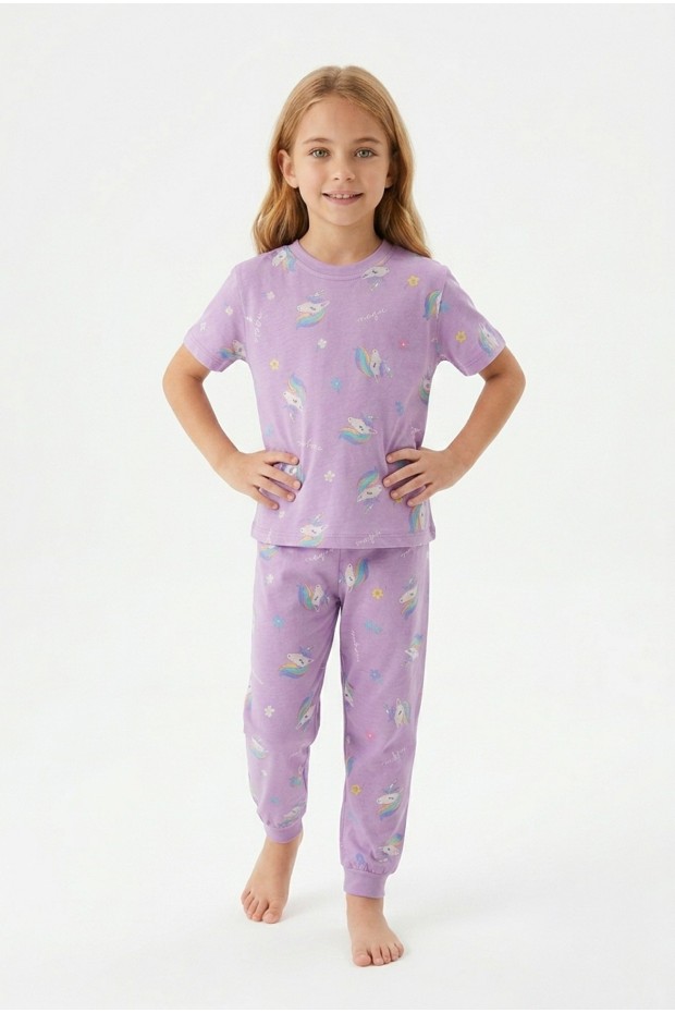 Kız Çocuk Karakter Ve Çiçek Desenli %100 Pamuk Süprem Penye Kumaş Kısa Kollu Pijama Takımı 