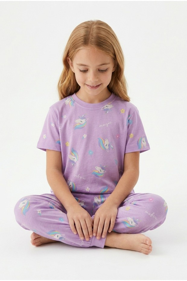 Kız Çocuk Karakter Ve Çiçek Desenli %100 Pamuk Süprem Penye Kumaş Kısa Kollu Pijama Takımı 