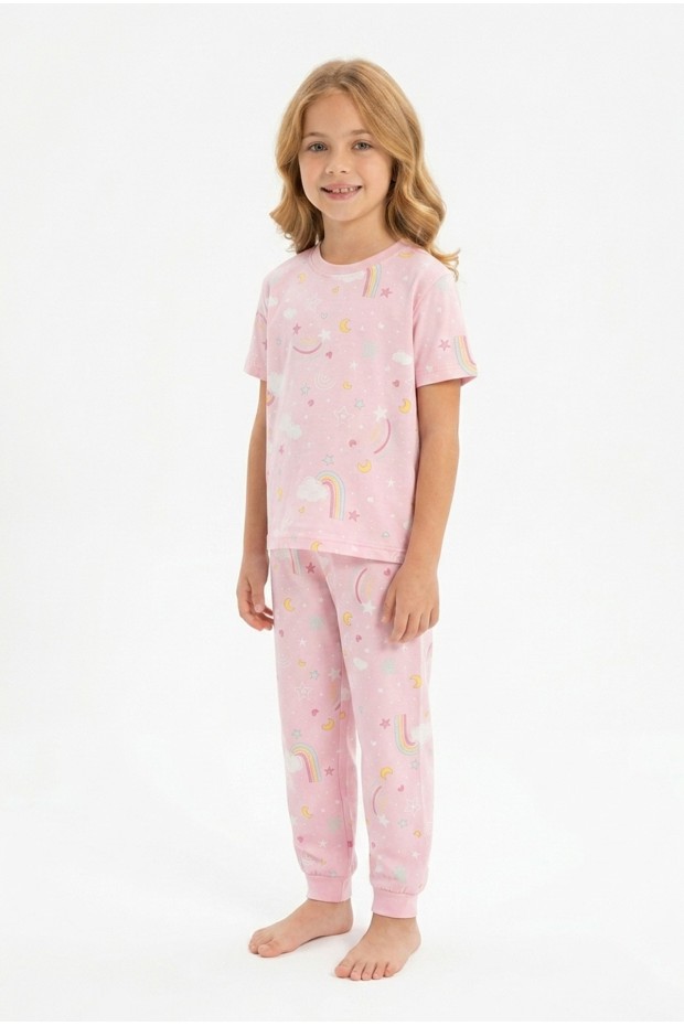 Kız Çocuk Gökkuşağı Ve Yıldız Desenli %100 Pamuk Süprem Penye Kumaş Kısa Kollu Pijama Takımı